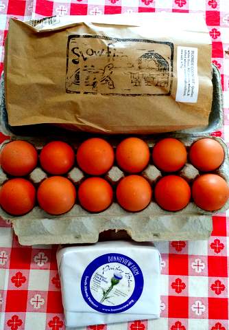 An example of the eggs, bread, or cheese you could receive.