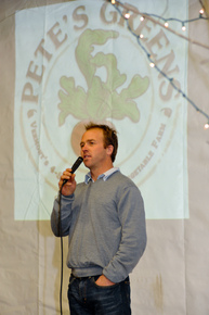 Pete Johnson addressing crowd at Pete's Greens Barn Warming Pete Johnson addressing crowd at Pete's Greens Barn Warming